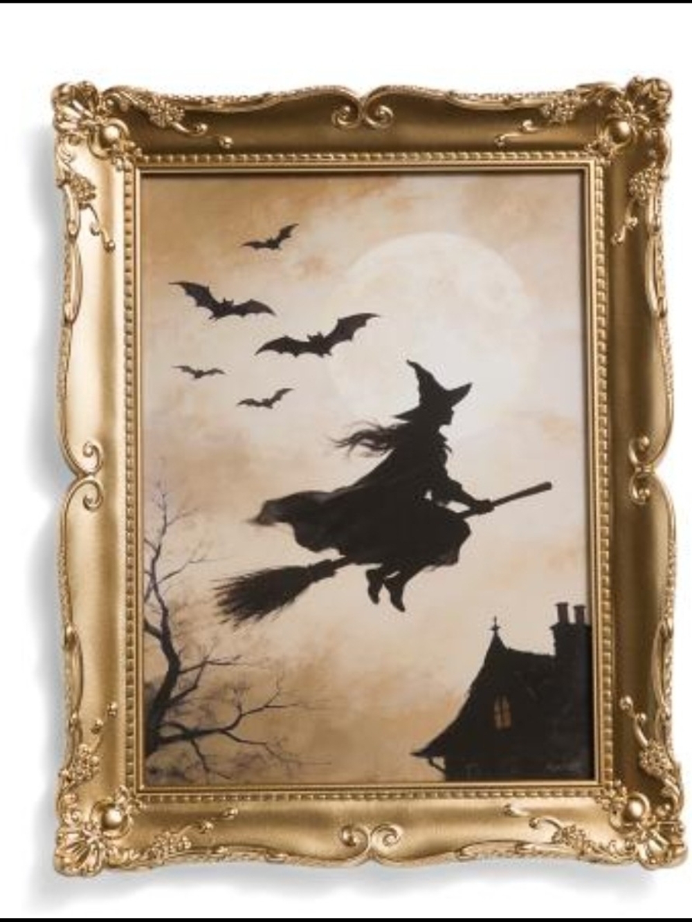 Marmon Hill Framed Witch Silhouette Wall Art in Gold Halloween Decor 14x11